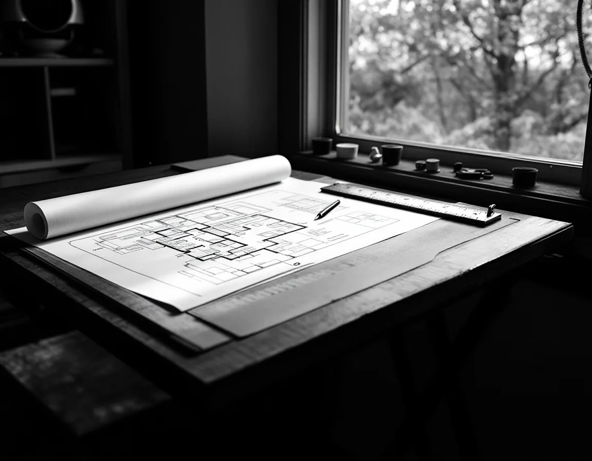 Black-and-white photograph of a drafting desk by a window with a scale ruler and a marked-up floor plan
