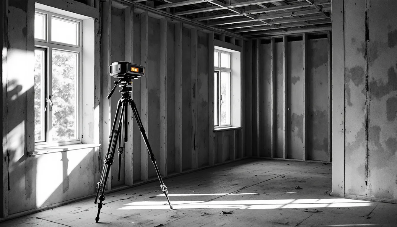 Laser scanner on a tripod in a bare interior room