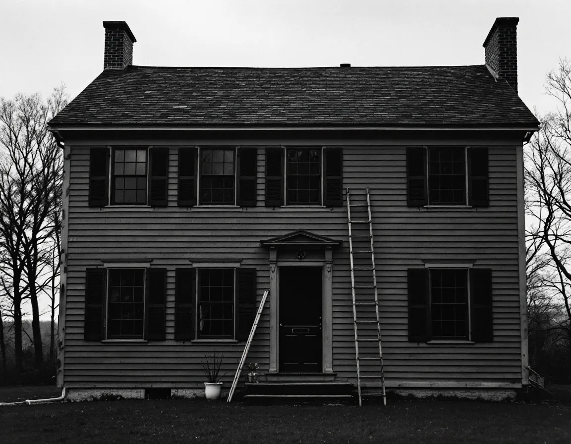 Black-and-white straight-on photograph of a clapboard colonial house facade